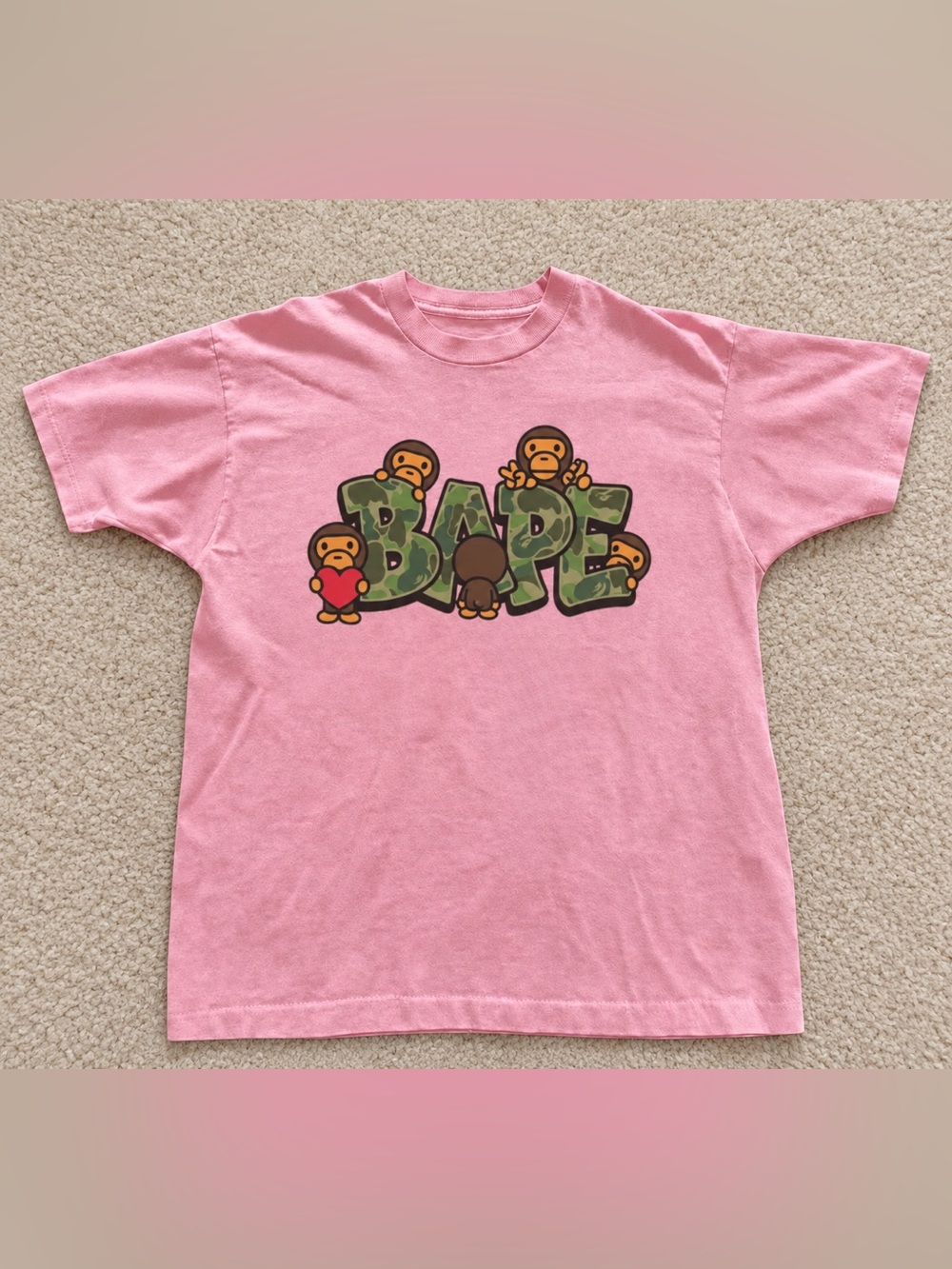 Gildan Reprint Light Pink Tee with Green Camo BAPE Graphic
